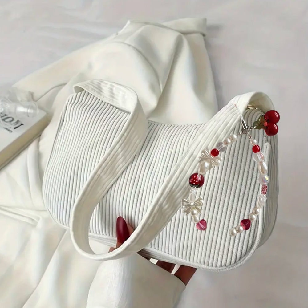 🍒 Brand New White Corduroy Hobo Tote Bag with FREE Y2K vibe Keychain 🍒